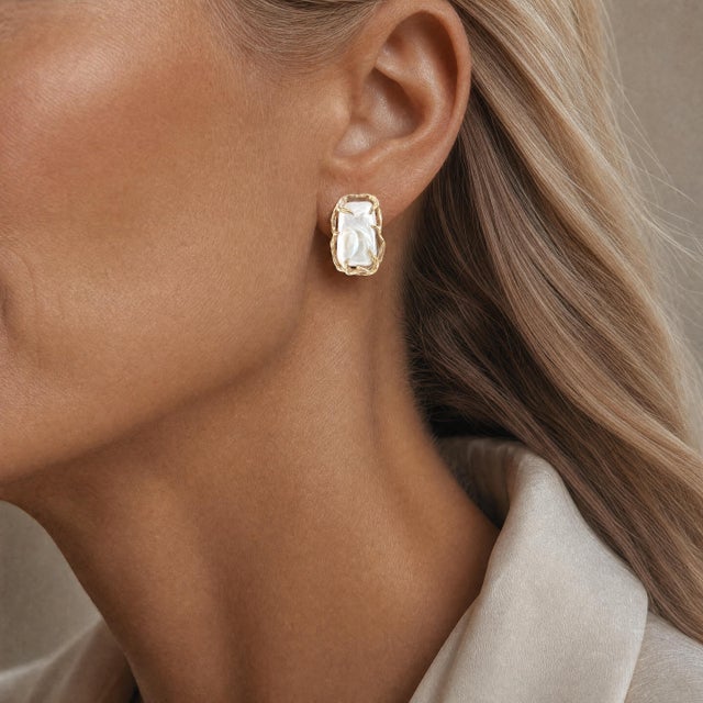 Mid-Century Brutalist 18k Yellow Gold Baroque Pearl Earrings, A Pair For Sale - Image 4 of 4