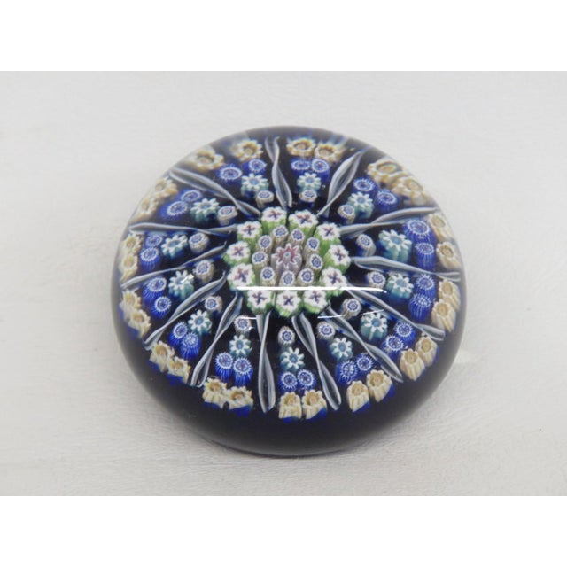 Murano Style Art Glass Paperweight Round Dark Blue Millefori Flower Design 4849b For Sale - Image 4 of 11
