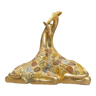 Vintage Gold Jeweled Mother & Baby Giraffe Sculpture Pair, Ornate Mosaic Detail For Sale