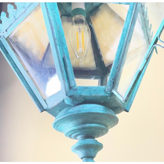Vintage Verdigris Patina Lantern – Art Glass Hanging Chandelier/ Pendant For Sale - Image 9 of 16