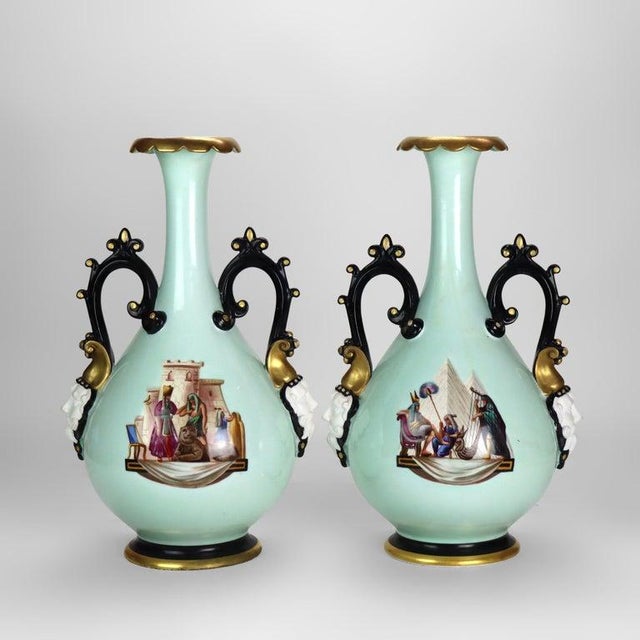 Pair Large Hand Painted & Gilt Old Paris Porcelain Egyptian Revival Vases C1880 For Sale - Image 4 of 10
