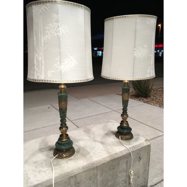 Mid-Century Modern Pair of Japanese Bronze & Marble Column Table Lamps With Original Shades For Sale - Image 3 of 13