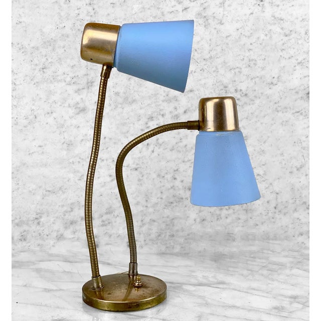 Mid-Century Atomic Blue Fiberglass Shade Double Gooseneck Desk Lamp For Sale - Image 4 of 11