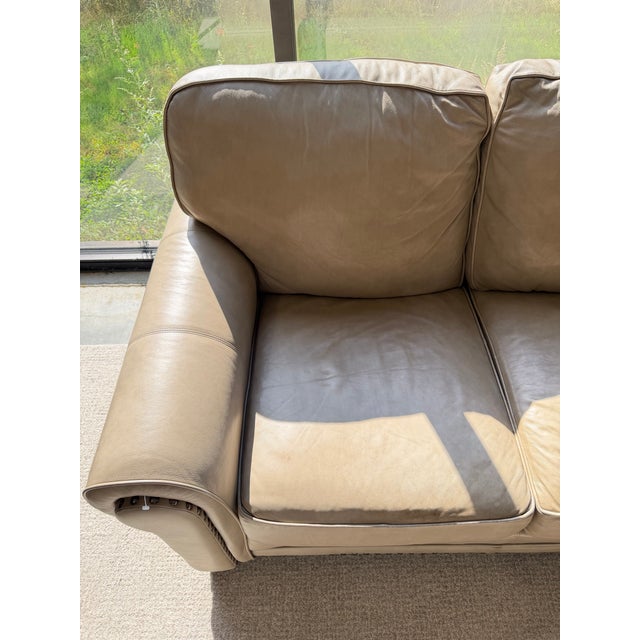 Animal Skin Smith Brothers 393 Beige Leather Three-Seat Sofa With Rolled Arms and Nailhead Trim For Sale - Image 7 of 10
