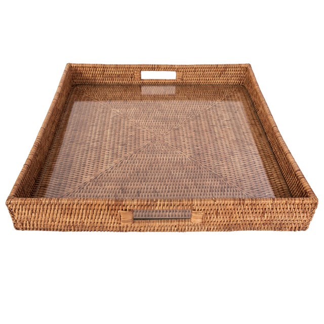 Boho Chic Artifacts Rattan Square Serving Ottoman Trays with Glass Insert in Brown, Large For Sale - Image 3 of 3