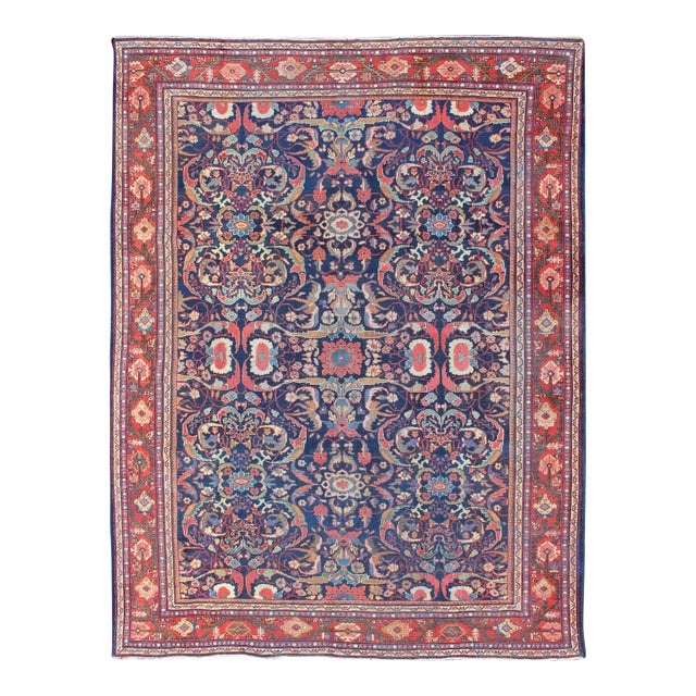 Colorful Antique Persian Sultanabad Rug With Navy Blue Field and Red Border 9'0"x12'1" For Sale