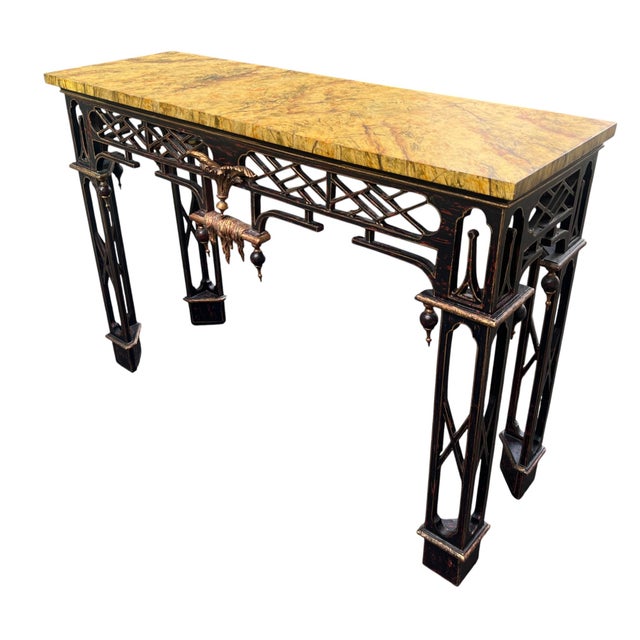 1990s Chinese Chippendale Chinoserie Faux Marble Top Console / Sofa Tables a Pair For Sale In New York - Image 6 of 18