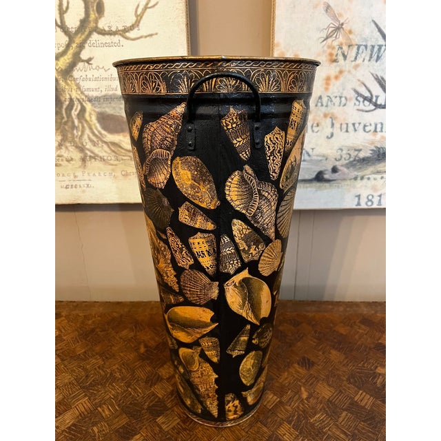 Vintage English Planter Jardiniere Urn Shell Decoupage Black Tole Coastal Décor For Sale - Image 13 of 17