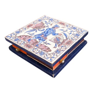 Vintage Delft Tile Matchbox Holder With Hand-Painted Birdcage Scene For Sale
