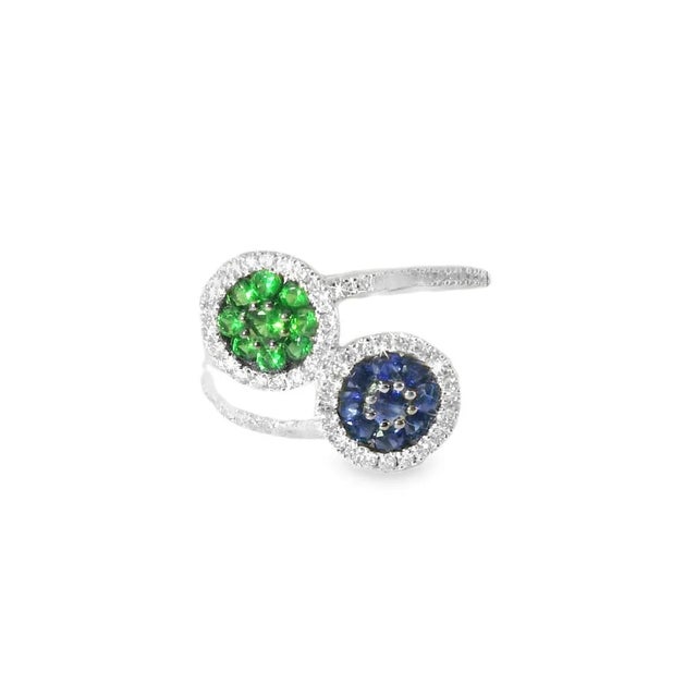 14K White Gold Sapphire Tsavorite Diamond Designer Ring Band. This elegant ring features numerous natural sapphires and...
