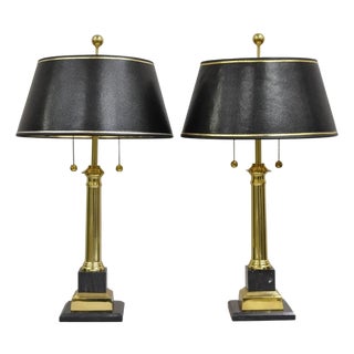 Vintage French Empire Brass & Italian Black Marble Column Table Lamps - A Pair For Sale