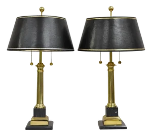 Vintage French Empire Brass & Italian Black Marble Column Table Lamps - A Pair