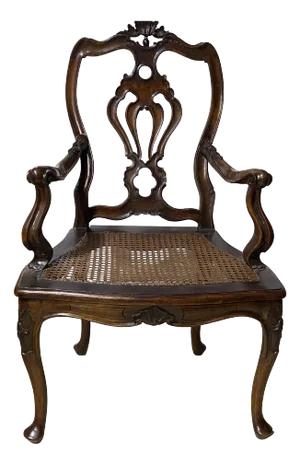 Antique Venetian Wood Side Cane Armchair