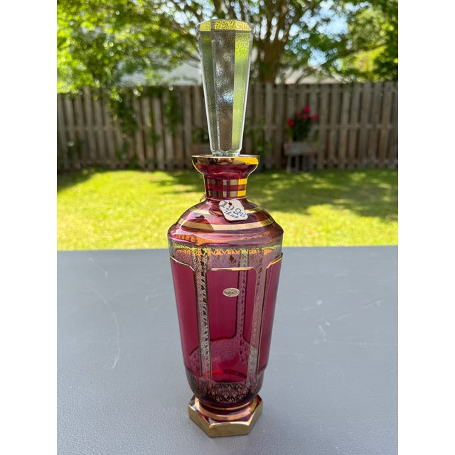 Ruby Red Early 1900s Moser Bohemian Cranberry Paneled Cabochon 24k Gold Decanter Set For Sale - Image 8 of 17