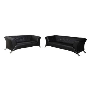 Model 322 2-Seater and 3-Seater Sofas in Black Leather from Rolf Benz, Set of 2 For Sale