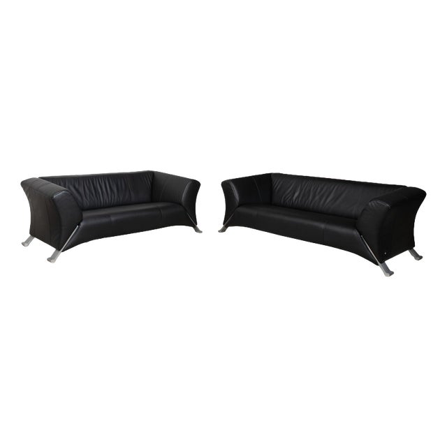 Model 322 2-Seater and 3-Seater Sofas in Black Leather from Rolf Benz, Set of 2 For Sale