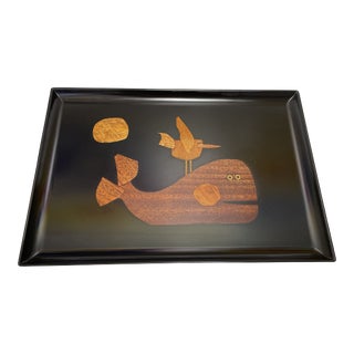 Vintage Couroc Phenolic Resin Serving Tray With Wood Brass Inlaid Whale and Bird For Sale