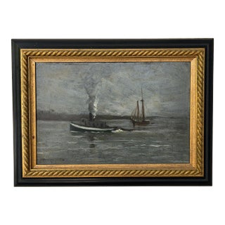 Antique Marine Seascape Tug Boat Sailboat Oil Painting by Parker Newton New York For Sale