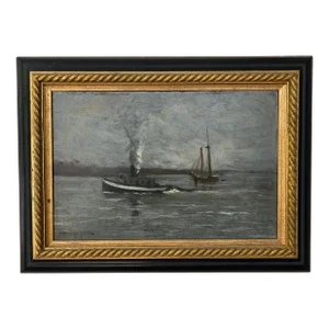 Antique Marine Seascape Tug Boat Sailboat Oil Painting by Parker Newton New York