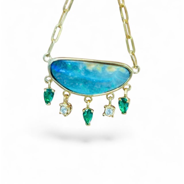 2020s 14k Gold Australian Opal Necklace With Emeralds & Diamonds For Sale - Image 5 of 12