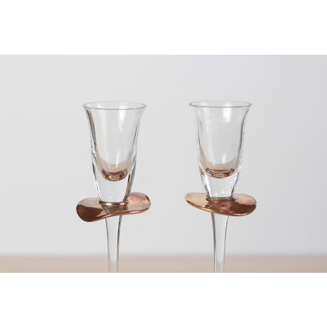 1980s Handblown Stemmed Cordial Glasses With Rose Copper Collar - a Pair For Sale - Image 4 of 9