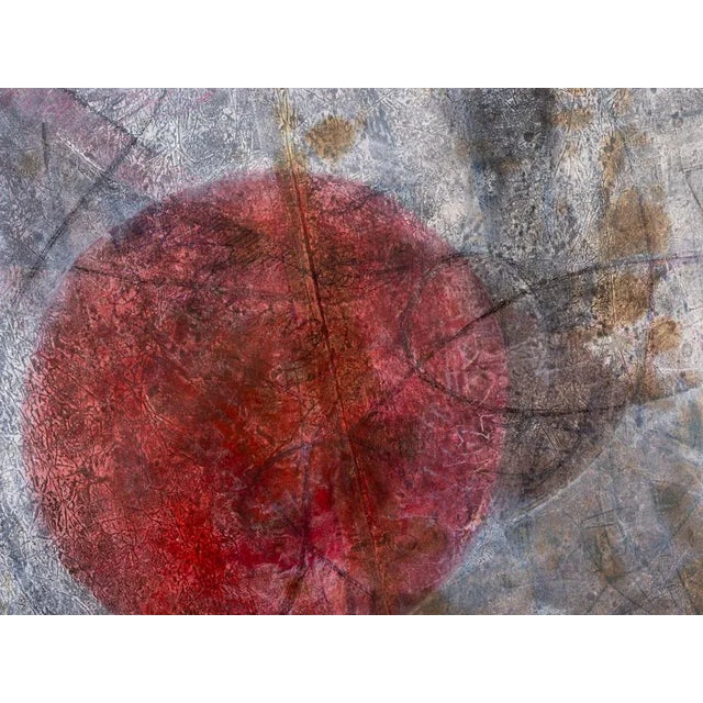 Airplane in front of a red evening sun surrounded by gray-blue sky. Mixed media on relief crumpled paper with weathered...