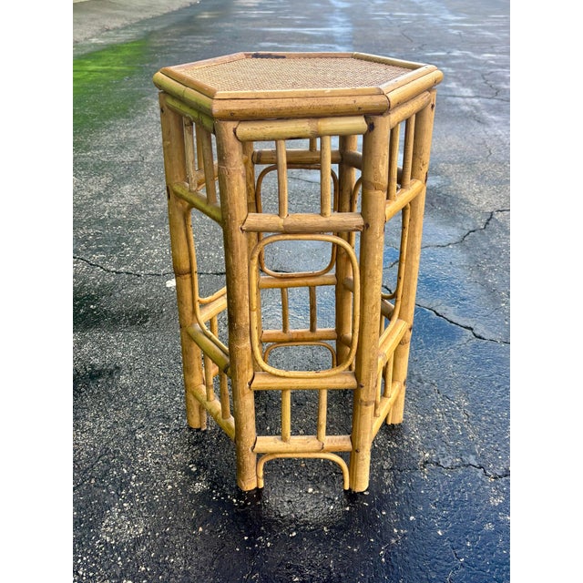 Hollywood Regency Vintage Coastal Bamboo and Cane Brighton Pavilion Style Side Table For Sale - Image 3 of 11