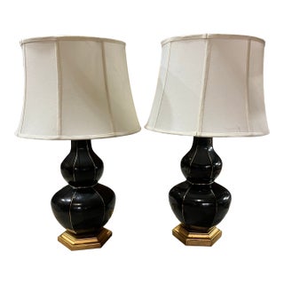 1970s Mid-Century Modern Black Ceramic Table Lamps With Gold Accents and Shades Included - a Pair For Sale