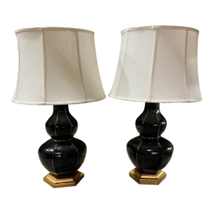 1970s Mid-Century Modern Black Ceramic Table Lamps With Gold Accents and Shades Included - a Pair