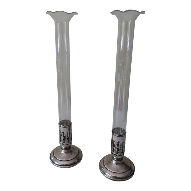 Pair of Antique Weighted Sterling Silver & Etched Glass Bud Vases — Gothic Reticulated Collar, C. 1900–1930 For Sale