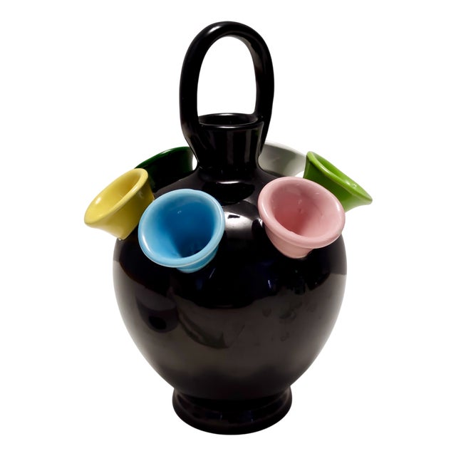 Vintage Black Lacquered Ceramic Tulip Vase attributed to Pucci Umbertide, Italy, 1950s For Sale