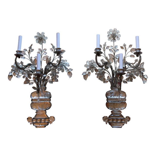 Monumental Signed Maison Bagues France Crystal Floral Bouquet Wall Sconces a - Pair For Sale
