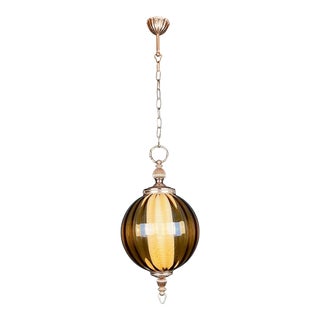 Vintage Mid-Century Art Deco Metal Bronze Glass Pendant Lamp, Italy For Sale