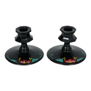 Hand Painted Black Glass Candlestick Holders - a Pair