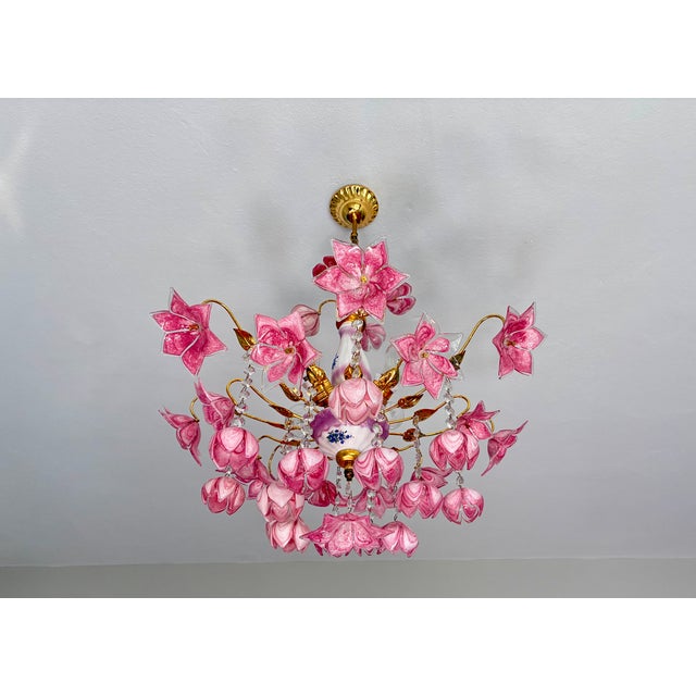 Vintage Murano Style Large Chandelier, Pink Floral Chandelier, Bouquet Style Ceiling Light, 4-Light Flush Mount For Sale - Image 15 of 16