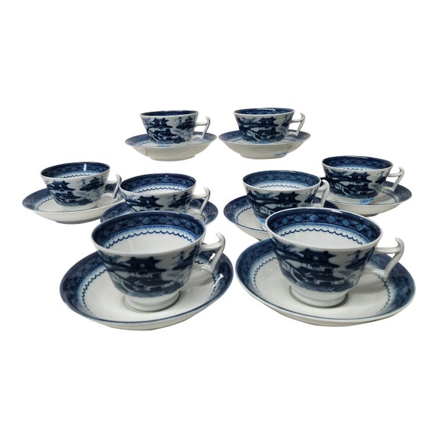Mottehedeh Blue Canton Cups and Saucers - Set of 8 For Sale