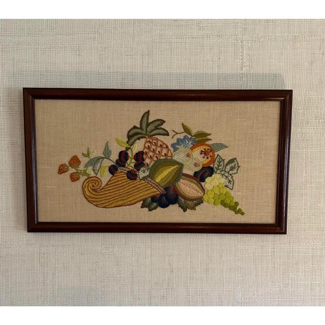 Hand-made Cornucopia Crewel Artwork on beige linen with wood frame. H: 11.25" W: 20.75" We know it’s hard to find one-of-...