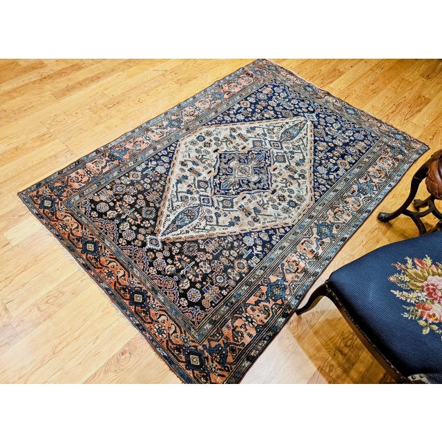 Navy Blue Antique Persian Malayer Area Rug, Hand-Knotted Wool, Geometric Medallion Pattern, Ivory & Navy,5x7 For Sale - Image 8 of 17