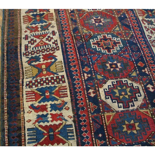 1880s Blue Geometric Tribal Antique Caucasian Kazak Rug 4' 6'' X 9' 3'' Knotted Wool Carpet For Sale - Image 4 of 9