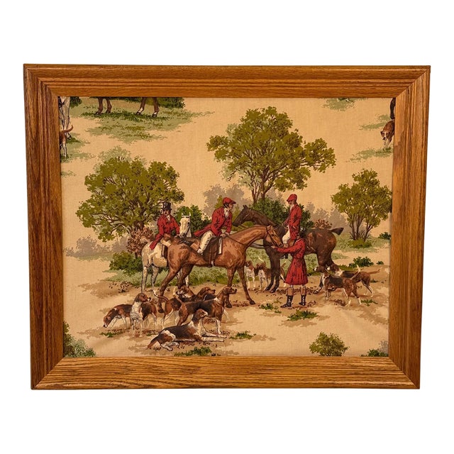 Vintage English Traditional Equestrian Fox Hunt 3d Textile & Oak Wall Art For Sale
