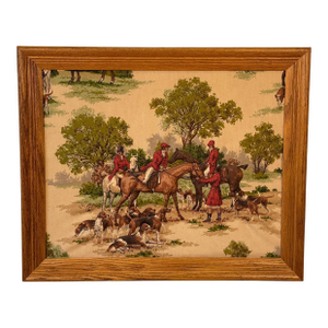 Vintage English Traditional Equestrian Fox Hunt 3d Textile & Oak Wall Art
