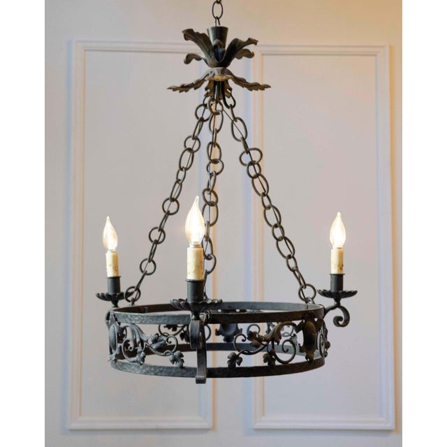 Black 20th-Century French Wrought Iron Chandelier with Foliate Crown For Sale - Image 8 of 10