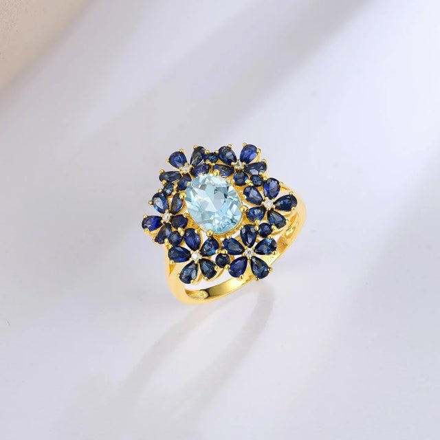 Nina Zhou Jewelry Nina Zhou Aquamarine Sapphire Diamond Blossom Cocktail Ring in 14k Yellow Gold, size 6.5 For Sale - Image 4 of 7