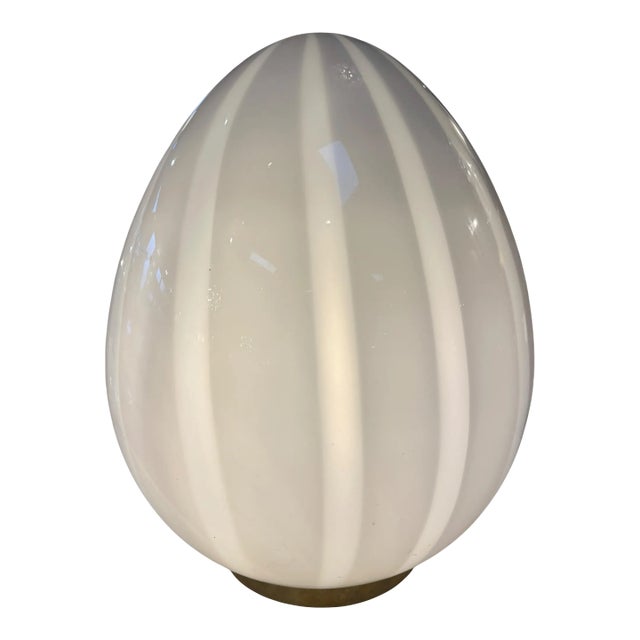 Vintage Mazzega Murano Glass Ovoid Table Lamp – White Striped Art Glass For Sale