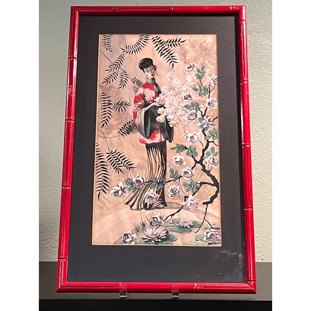 Mid 20th Century Vintage Mid Century Chinoiserie Pair Framed Prints D. Voaguest Red Faux Bamboo 24" For Sale - Image 5 of 12