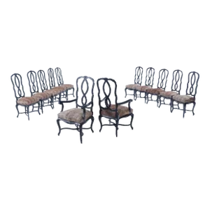 1950 Black Ebonzied Venetian With Faux Leopard Upholstery French Venetian Style Dining Chairs Possibly by Jan