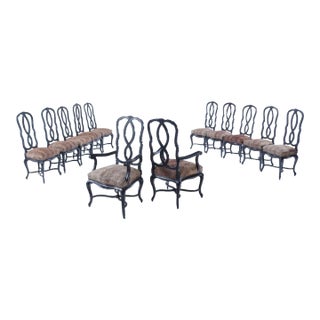 Black Ebonzied French With Faux Leopard Upholstery Venetian Style Dining Chairs Possibly by Jansen For Sale