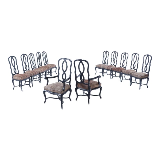 Black Ebonzied French With Faux Leopard Upholstery Venetian Style Dining Chairs Possibly by Jansen For Sale