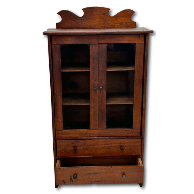 Unusual Early 1900s Antique American Miniature Size Wood & Glass Front "Salesmans Sample" Kitchen Hutch - 23 Inches Tall For Sale - Image 14 of 18