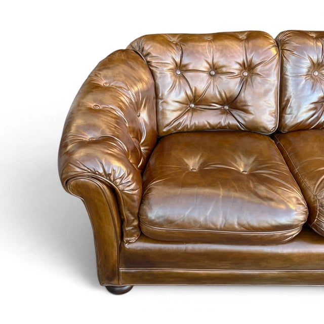 Vintage Chesterfield-Style Cognac Brown Leather Sofa With Button Tufting and Rolled Arms For Sale - Image 10 of 14